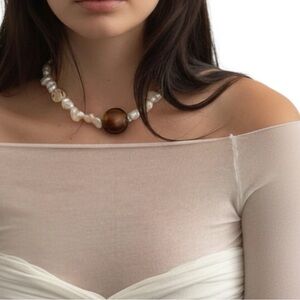 Vintage Cream and Brown Stone Beaded Necklace with Silver Clasp